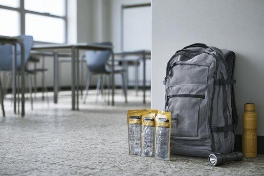 Emergency Backpack with Water Pouches and Flashlight in Empty Classroom Corner