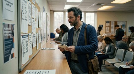 Fototapeta premium Man reading notices on a bulletin board in a waiting room.