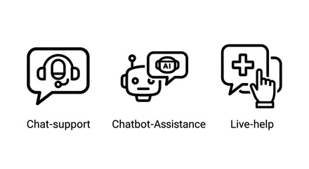 Fototapeta premium Customer support and artificial intelligence assistance icons set with assistance customer artificial intelligence communication assistant interaction solution information automated helpdesk