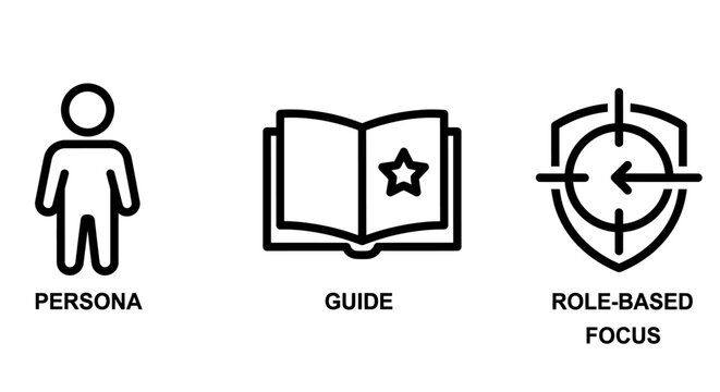Persona guide and role based focus business strategy icons with business strategy customer marketing management identity instruction segmentation planning development analysis character