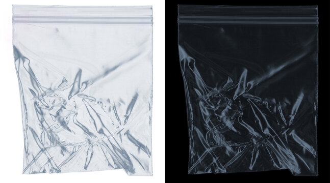 Transparent plastic zipper bag set, empty polyethylene zip lock pouch on white and black background, wrinkled texture storage bag mockup