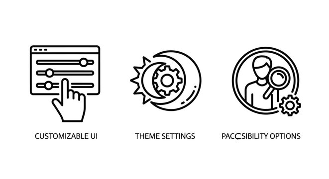Software UI customization and accessibility settings line icon set with customizable settings accessibility software interface experience adjustment preference magnifier configuration