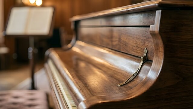 갈색 피아노 측면에서 클로즈업, 악보대와 악보도 흐리다,Close-ups in terms of the brown piano, the scoreboard and the score are also blurred,