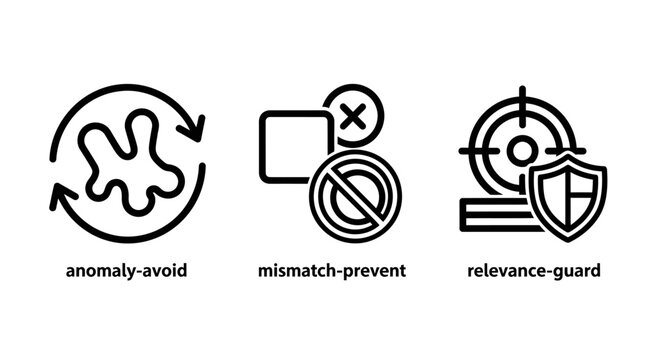 Set of software development and data quality icons illustrating anomaly avoidance mismatch prevention relevance guard with avoidance mismatch prevention relevance assurance software development