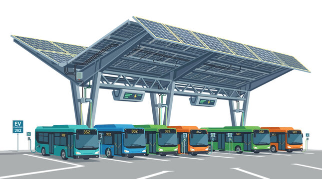 Electric Buses Charging at Solar-Powered Station - Sustainable Transport Hub