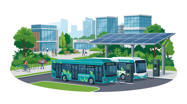 Electric Buses Charging at Solar-Powered Station in Modern City