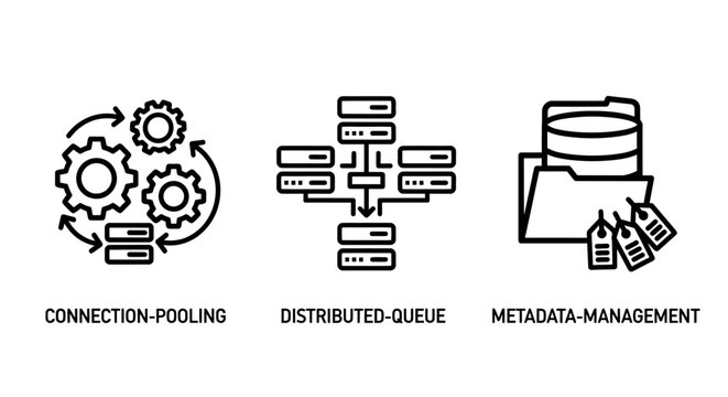 Data infrastructure and information management icons set for technology and networking solutions with connection pooling distributed queue metadata management networking technology database