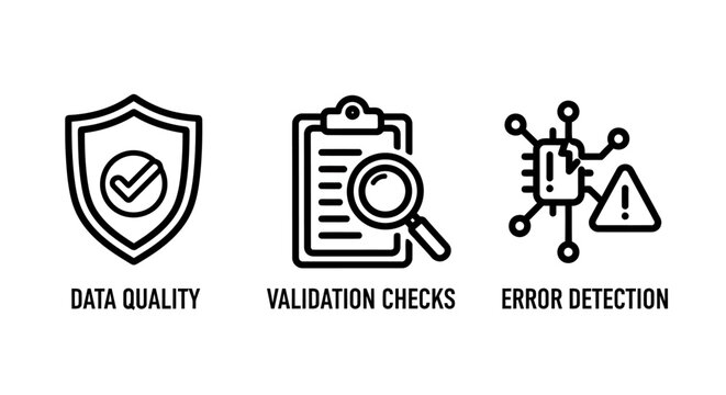 Data quality assurance and validation checks icons with error detection system symbols validation security protection inspection verification analysis monitoring compliance detection