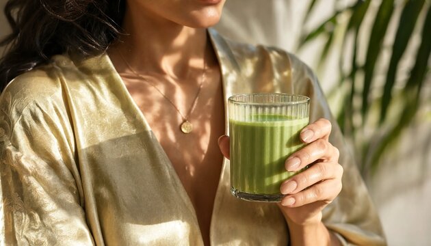 Woman in gold robe holding glass of green matcha latte beverage