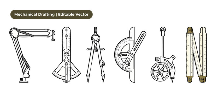 Mechanical drafting tools design letter concept vector set featuring vintage engineering instruments spelling the word design including divider compass protractor folding ruler and drafting arm lamps.