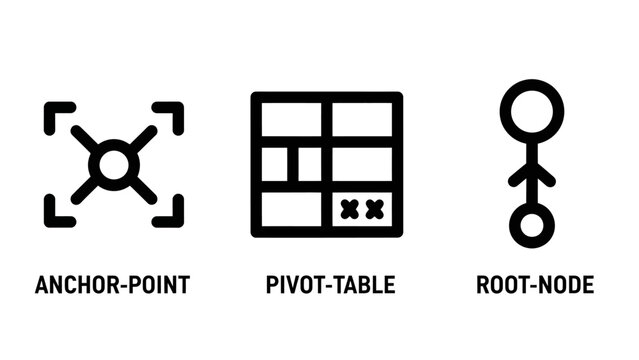Software development architecture anchor pivot and root node icons with architecture structure software development interface database programming technology technical hierarchy navigation
