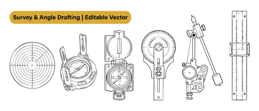 Surveying instruments vector line art graphic set features vintage drafting tools, engineering compass, clinometer measurement device collection, protractor icons, technical drawing design element set