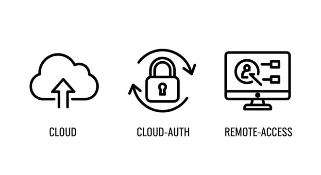 Set of cloud computing icons featuring upload authentication and remote access concepts authentication computing security encryption transfer connection computer internet technology business