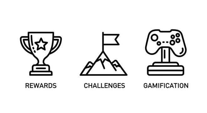 Gamification and user engagement concept line art icons with gamification challenges mountain engagement achievement motivation gamified strategy marketing progression incentive business
