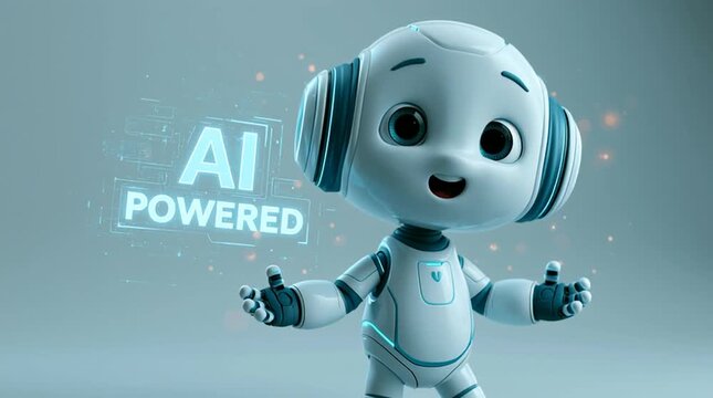3D cartoon technology presenter explaining concepts with floating holographic UI elements and animated speaking expression. Futuristic soft background showcasing digital learning and innovation.