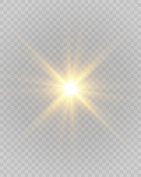 Golden lens flare and bright sun rays overlay set. Realistic glowing starburst flash, blinding sunbeams and shining light effects on transparent background. Vector illumination elements.