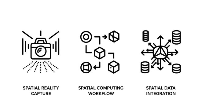 Spatial computing and reality capture workflow icons with computing integration workflow augmented technology scanning geometric modeling analytics environment information processing