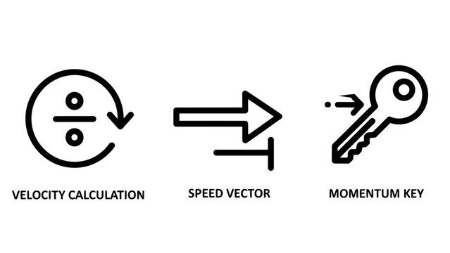 Set of physics and motion concept icons including velocity calculation speed vector and momentum key line art symbols with velocity calculation momentum dynamics mechanics illustration education