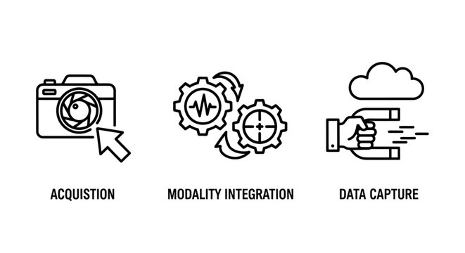 Digital imaging and information technology icons for acquisition modality integration and cloud data capture symbols with acquisition modality integration technology frequency information