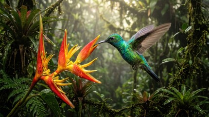 Fototapeta premium Vibrant hummingbird sips nectar from a tropical flower in a lush rainforest.