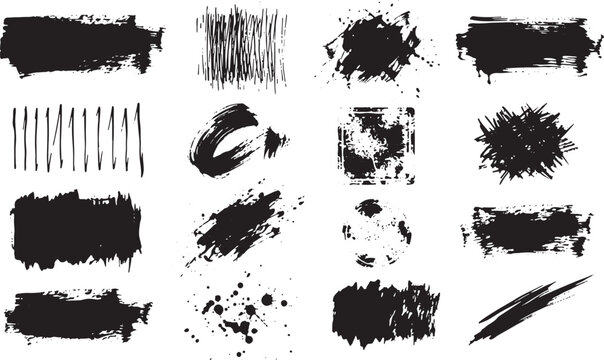 Grunge Ink Brush Strokes and Splatter Elements &ndash; Hand-Drawn Abstract Grunge Design Elements Set &ndash; Black Ink Paint Brush Strokes Splatter and Scratch Textures Vector and whit background.
