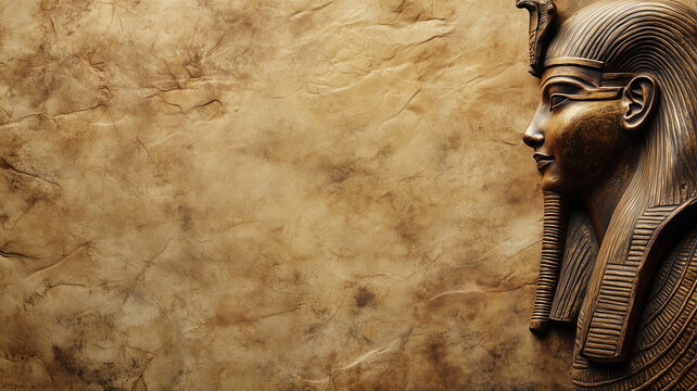 Ancient Egyptian pharaoh statue profile on textured papyrus background. Golden stone bas-relief profile of king Tutankhamun or Ramses. Old scroll paper backdrop with copy space.