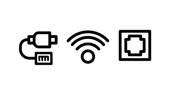 Connectivity technology icons including wired cable connector wireless wifi signal and ethernet network port with connectivity technology wireless ethernet internet connection communication