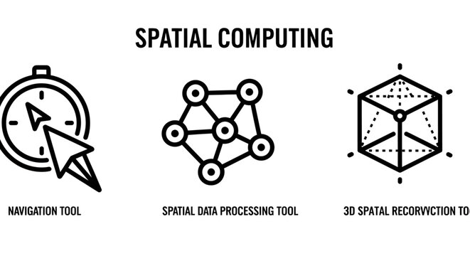 Spatial computing icon set showing navigation tool data processing and 3D reconstruction with computing technology navigation processing reconstruction augmented interface graphical software