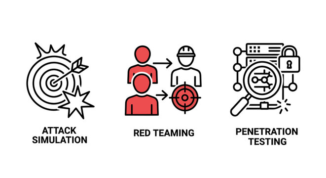 Cybersecurity attack simulation red teaming and penetration testing icons with cybersecurity simulation penetration security vulnerability protection computer software evaluation information