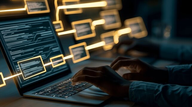 Data infrastructure and data pipeline development. Data integration. Engineer using laptop computer to design data processing system and data warehouse.