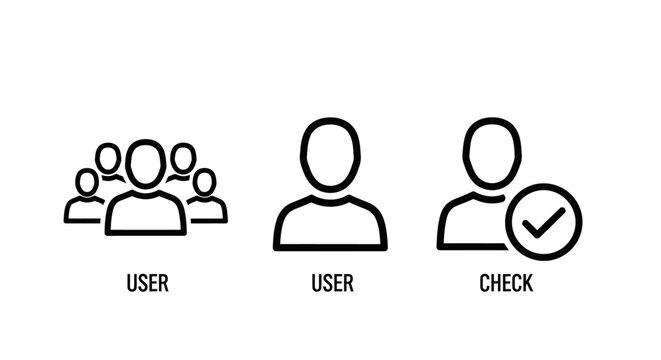 User profile and verification status icons set with verification validation identity confirmed approved membership authorization management interface personal security dashboard monochrome