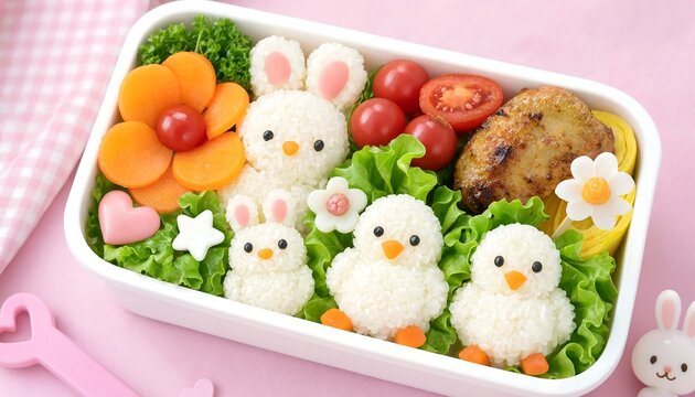 Cute Easter bunny and chicks rice ball bento with vegetables and chicken