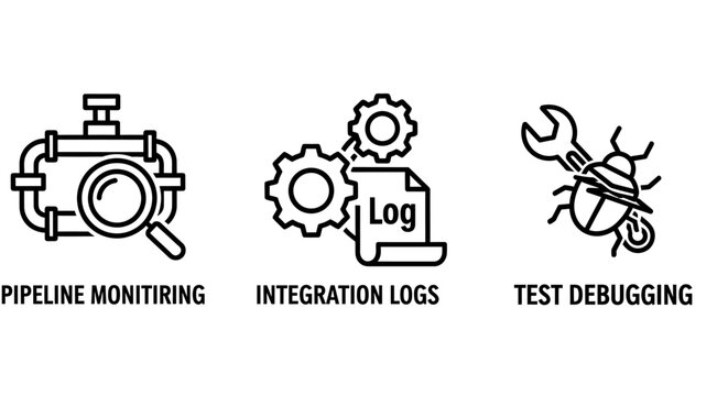 Set of software development and technical troubleshooting line icons with pipeline monitoring integration debugging software development maintenance analysis troubleshooting assurance