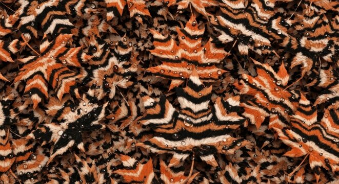 Closeup of orange and black tiger fur pattern with water droplets on surface  wild animal skin texture