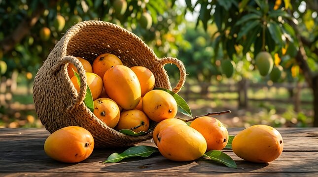  Fresh mango in a woven basket on rustic wooden shelf