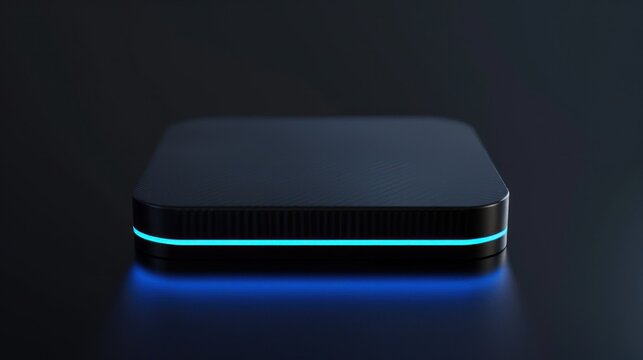 Sleek black streaming box with glowing blue outline