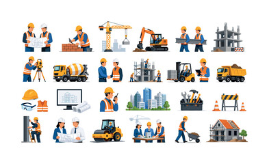 Fototapeta premium Construction teamwork icon set with workers, equipment, buildings and planning scenes, construction, teamwork, icons, workers,