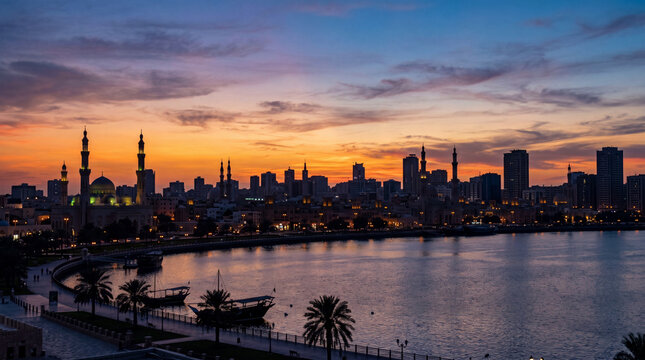 Serene dusk panorama of a riverfront metropolis featuring illuminated mosques, glowing minarets, modern towers, traditional boats, curved riverside walkway, palm trees, and vivid orange blue sky