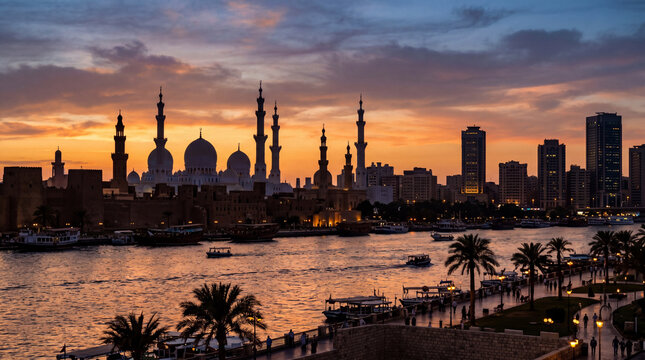 Golden sunset over a lively waterfront city with elegant mosque domes and slender minarets, traditional boats on the river, palm-lined promenade, glowing lights, and dramatic evening clouds
