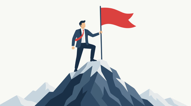 Faceless business leader successfully planting a red flag on a high mountain peak at sunrise, conceptual flat vector illustration of achievement, leadership, and reaching corporate goals.