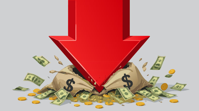 Large red downward arrow crushing a bag of money in a flat vector illustration, depicting economic recession, financial loss, inflation impact, market crash, and business crisis concepts.