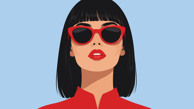 Woman with red sunglasses and blunt bangs on pale blue background, woman, sunglasses, red, bangs, portrait, fashion, eyewear, face