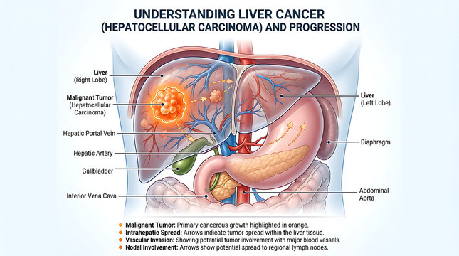 Medical Illustration of Liver Cancer Anatomy Showing Hepatocellular Carcinoma Development and Progression in the Human Abdomen