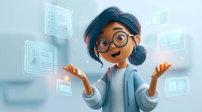 3D cartoon technology presenter explaining concepts with floating holographic UI elements and animated speaking expression. Futuristic soft background showcasing digital learning and innovation.
