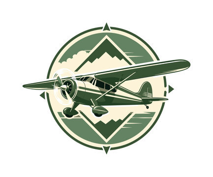 Green airplane travel emblem with propeller plane and geometric background shapes, airplane, travel, propeller, green, beige,