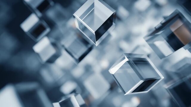 Numerous clear glass cubes are suspended in midair, forming a dynamic and visually striking composition. The image evokes themes of digital transformation and technological progress