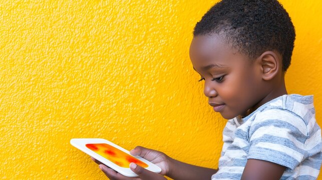 Young child examining a dental plaque disclosing card with red and yellow stains against a bright yellow background