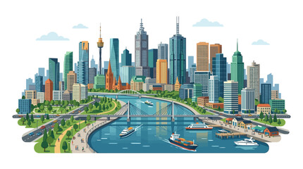 Naklejka premium Vibrant Cityscape with River, Bridges, and Modern Skyscrapers