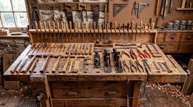 Rustic wooden woodworking bench in a stone-walled workshop, meticulously arranged with chisels, mallets, saws, planes, pliers, wrenches, screwdrivers, clamps, and hand tools for traditional carpentry