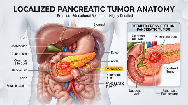 Educational Anatomy Infographic Illustrating Human Pancreatic Cancerous Tumor Progression and Digestive System Organ Placement